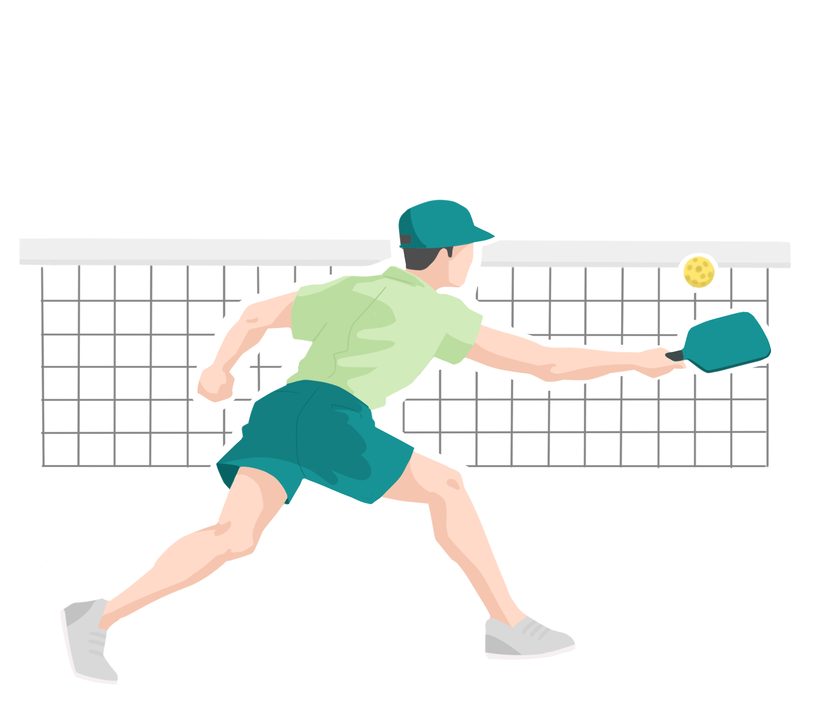 ネット際でパドルを伸ばしてボールを打つプレーヤーのイラスト