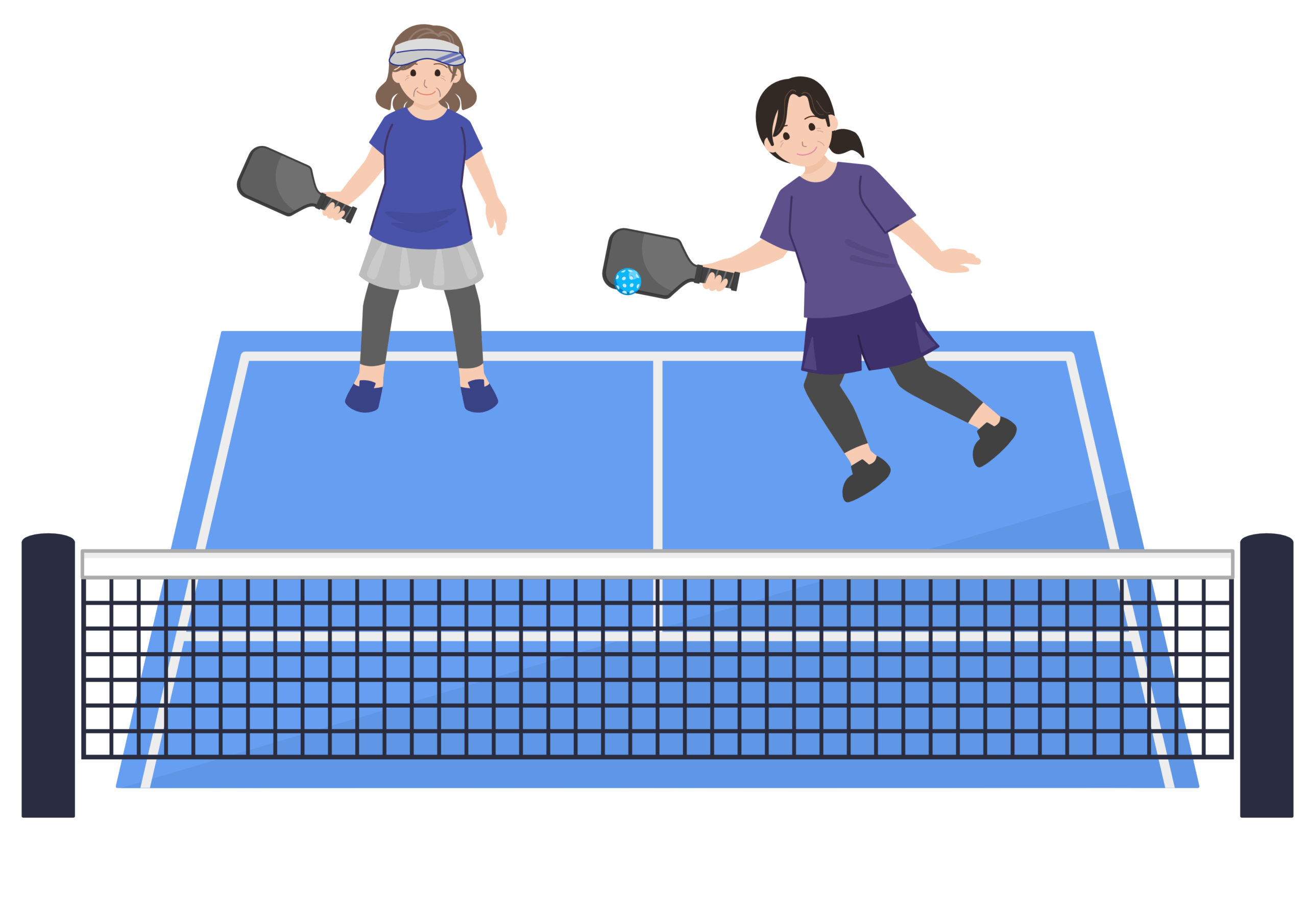 ピックルボールのコートでパドルを構えるプレーヤーのイラスト