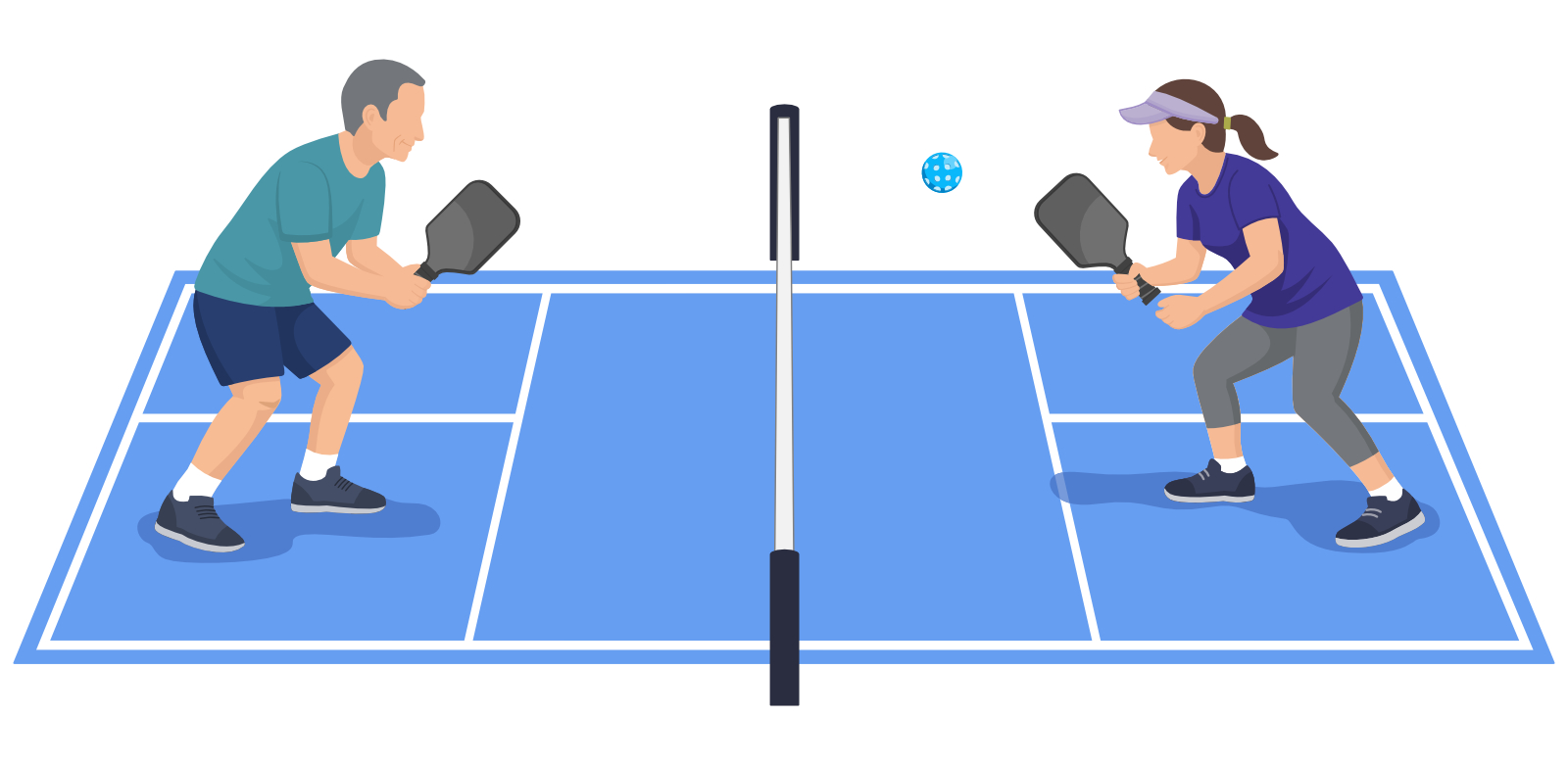 ネットを挟んで構えるダブルスのプレーヤーのイラスト