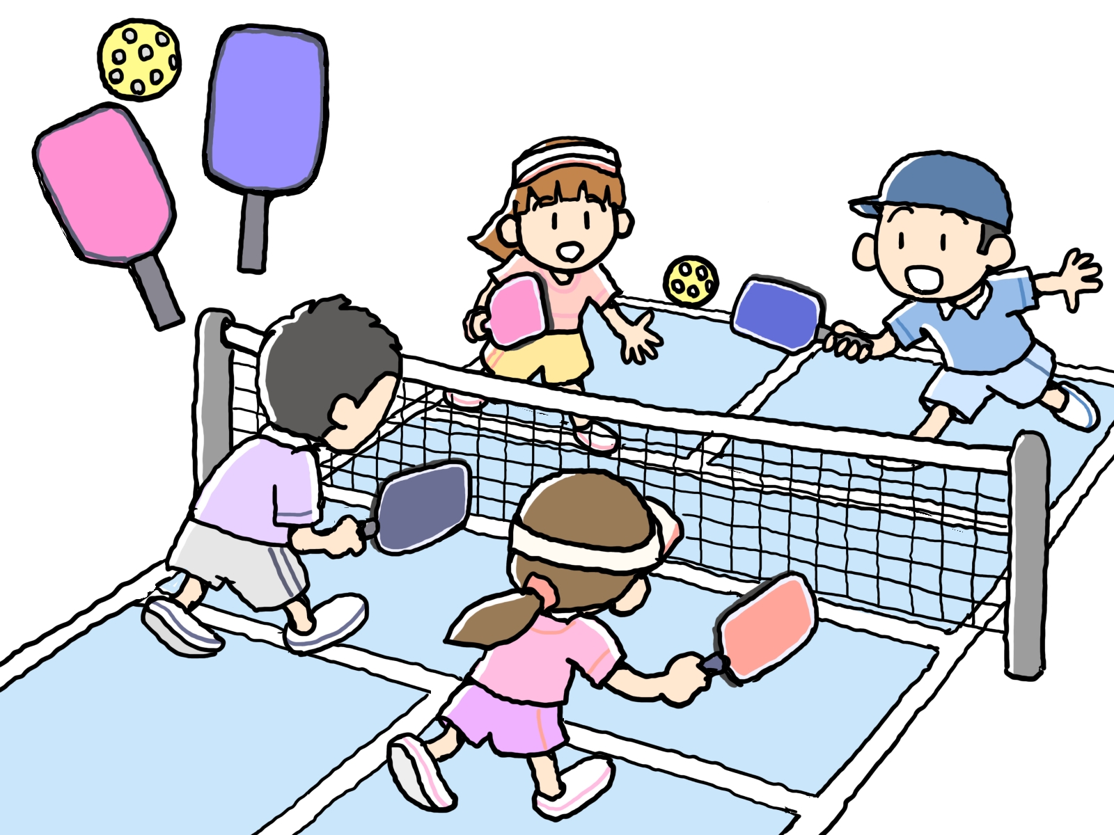 ネットを挟んでパドルでボールを打ち合う子どもたちのイラスト