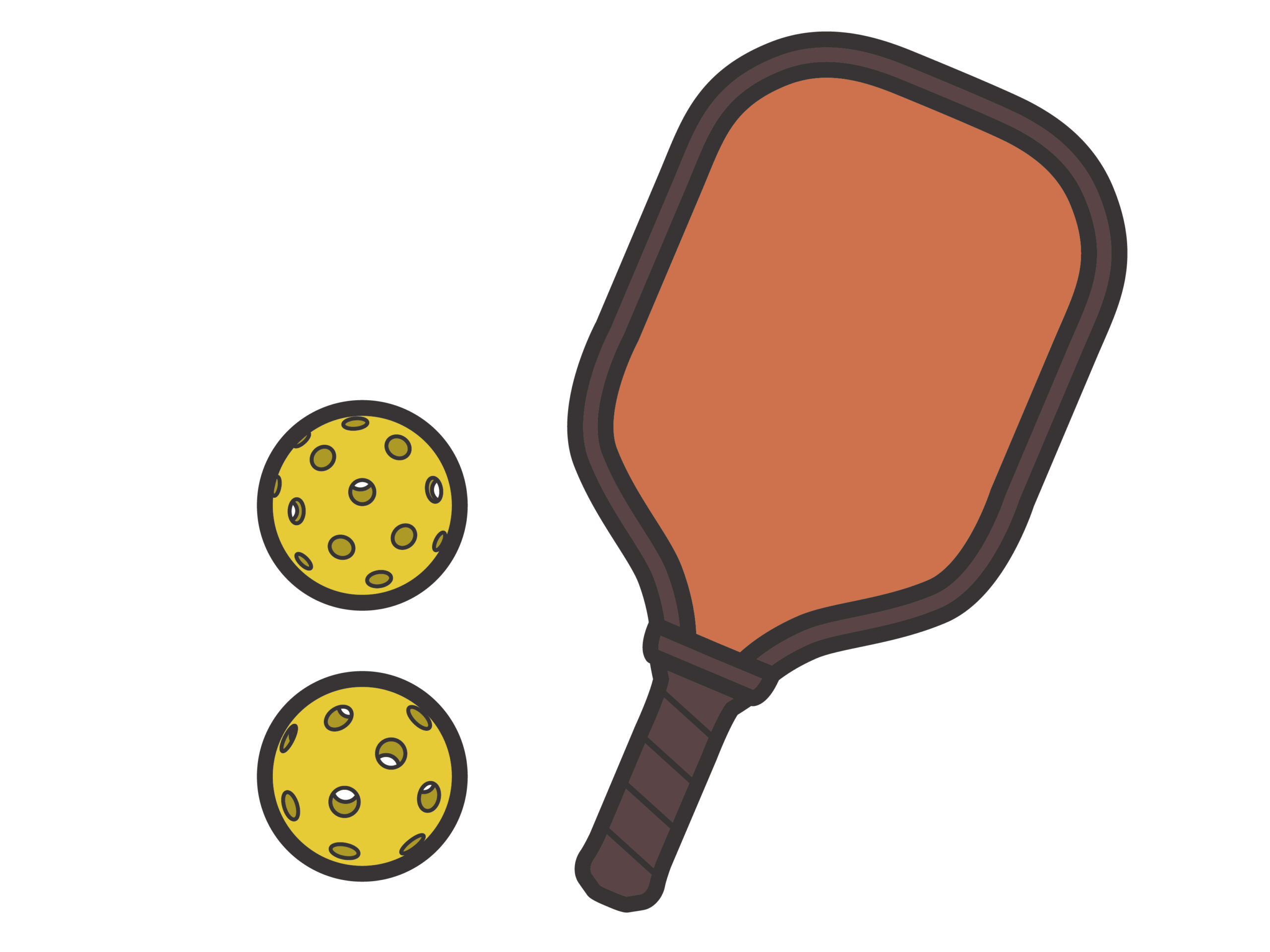 ピックルボール用のパドルと穴のあいたボールのイラスト